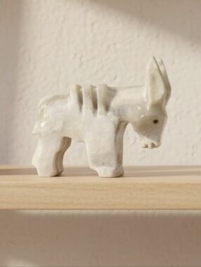 Vintage Hand-carved Onyx Stone Donkey Mule Light Gray Cream & White Decor